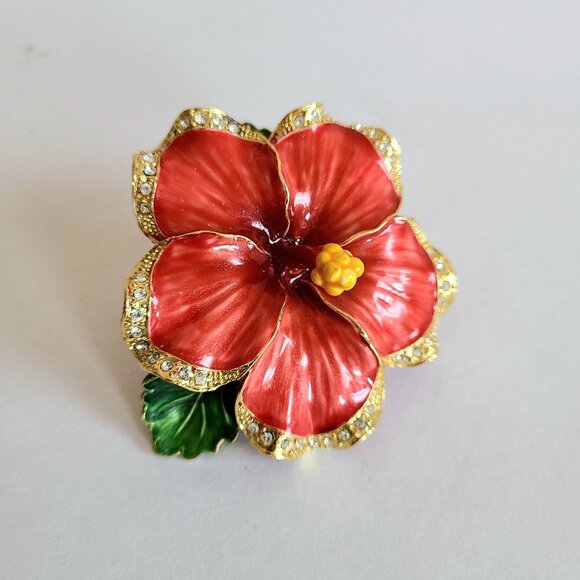 Hibiscus flower metal trinket box with clear rhinestones. - Picture 1 of 11